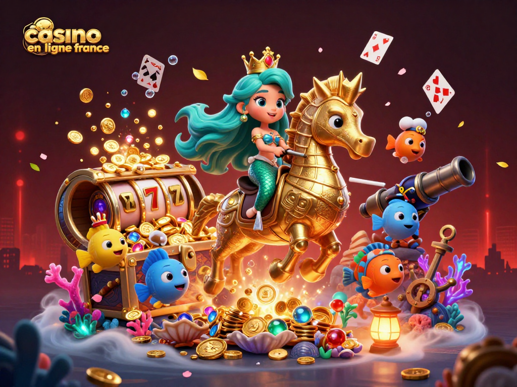 Plongez dans l'univers du casino en ligne France avec une sirène et son hippocampe, entourés de trésors sous-marins et de rouleaux de machines à sous.