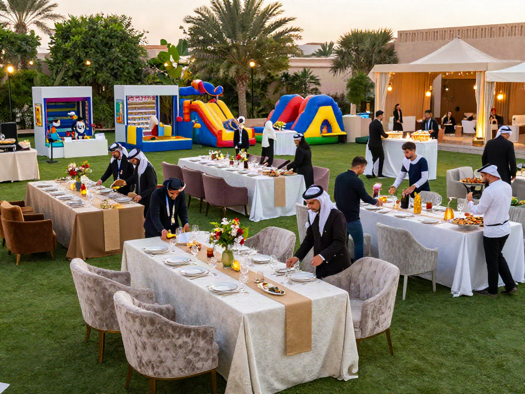 Exclusive event rentals showcasing elegant setup with luxurious furniture and vibrant games in Saudi Arabia