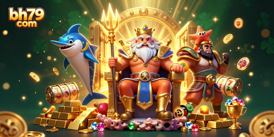 Win big with bh79 com in a vibrant, colorful casino adventure scene featuring Neptune.