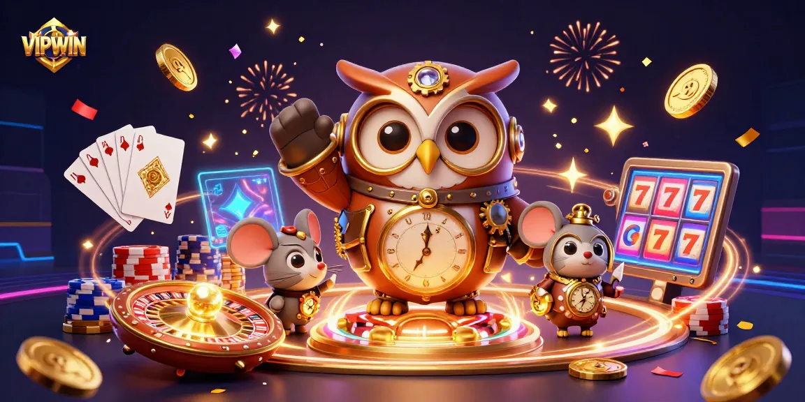 Win big with VIPWIN; a vivid 3D illustration showcasing a steampunk owl and a mouse amidst casino elements.