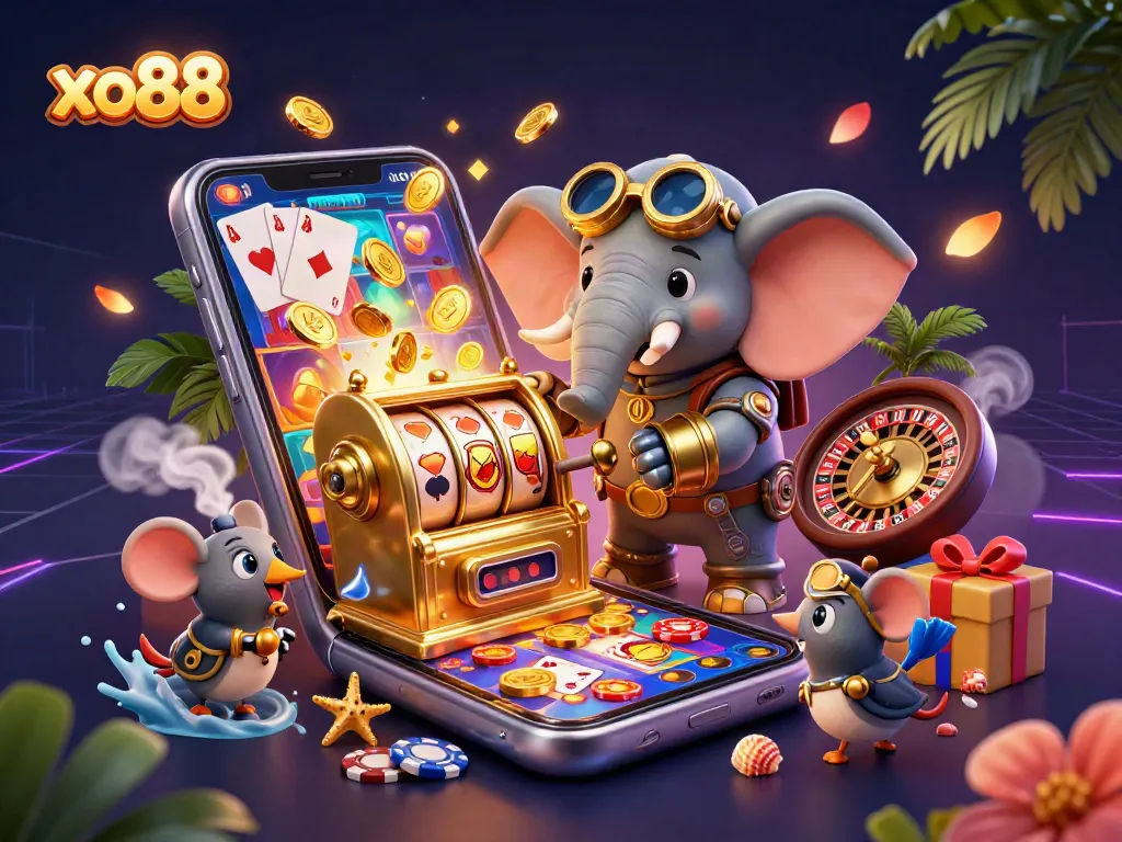 Engage with the exciting world of xo88 gaming, featuring slot machines, golden coins, and vibrant cards in action.