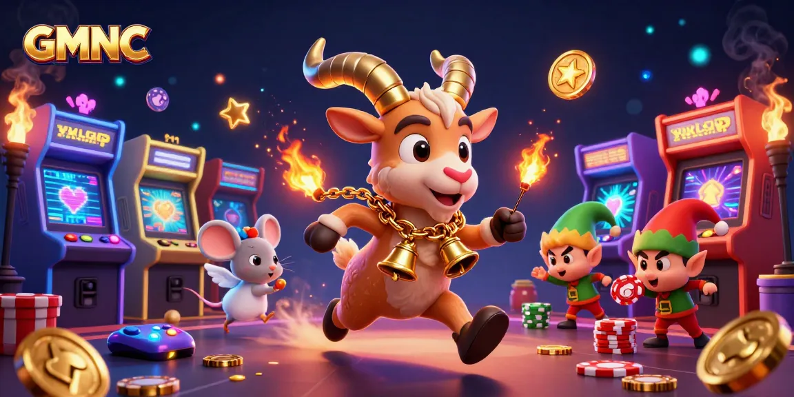 Experience the thrill of GMNC's exciting casino with playful characters amidst vibrant gaming elements.