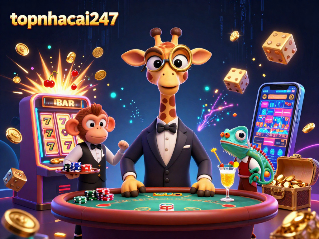 Experience the thrill of topnhacai247 in a vibrant casino scene with a high-roller giraffe and dynamic gaming elements.