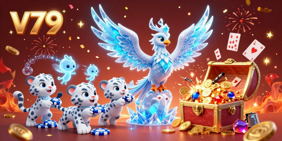 Join the celebration at v79, where an ice phoenix and playful snow leopard cubs enhance the gaming experience.
