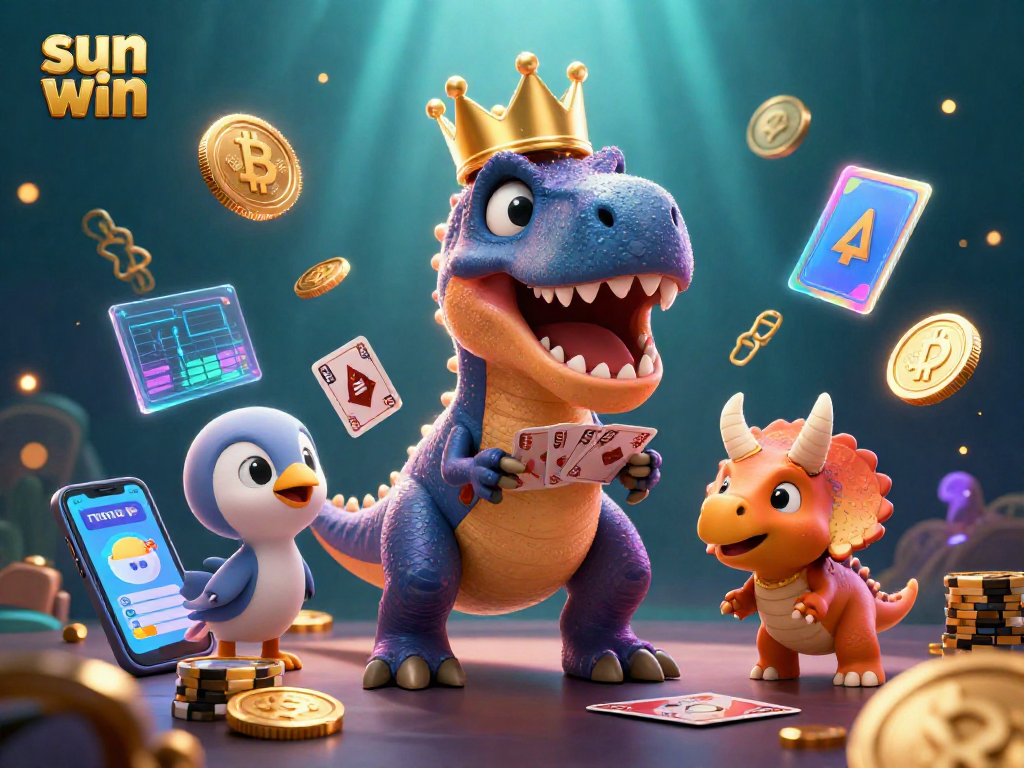 Experience the thrill of sun win with a playful T-Rex and friends in this vibrant casino scene.