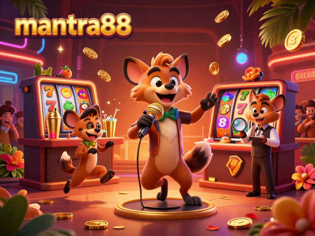 Join the fun at mantra88's colorful casino scene with hyenas enjoying slots and comedy!
