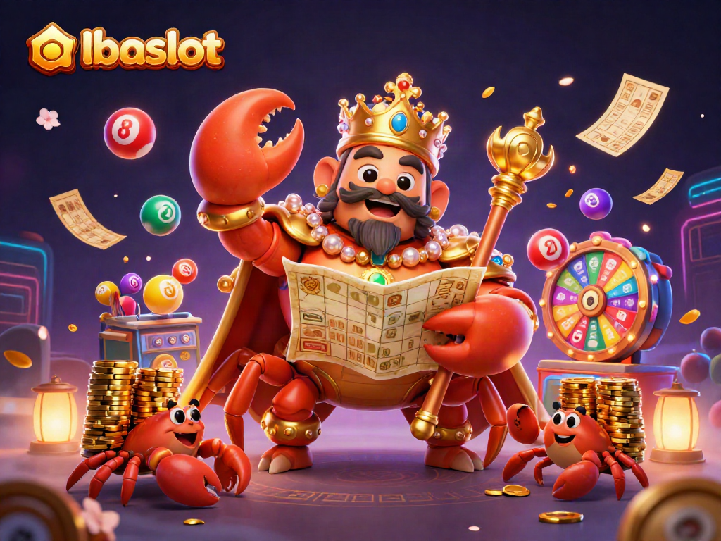 Menghadirkan albaslot dengan ilustrasi 3D kepiting emas besar dalam suasana kasino yang meriah.