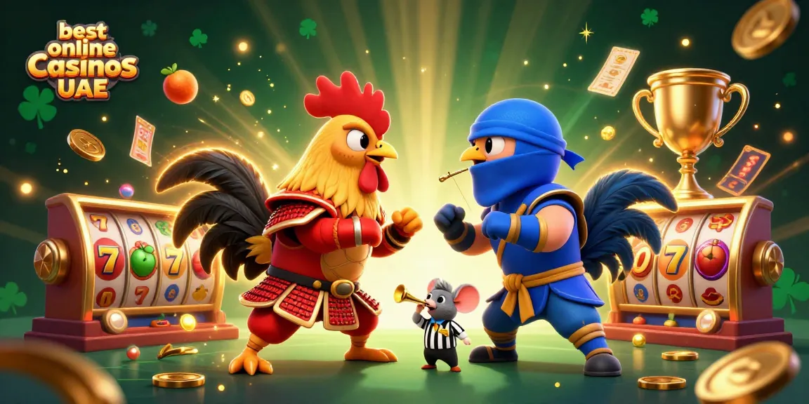 Engage with the excitement at the best online casinos UAE featuring 3D cartoon fighting roosters in a dynamic casino scene.