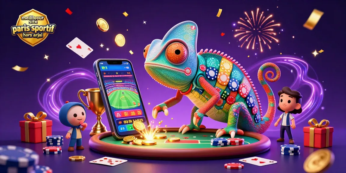 Meilleur site paris sportif hors arjel: scène dynamique de paris avec un caméléon et éléments de jeu.