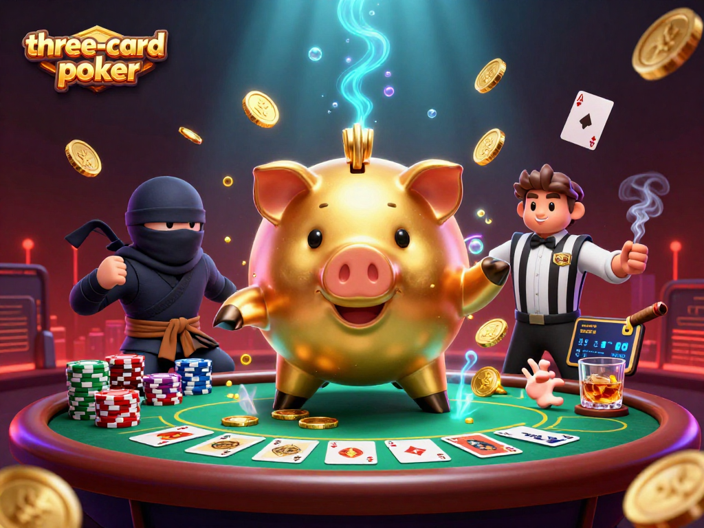 Engage in three-card-poker excitement with dynamic characters and vibrant casino elements.