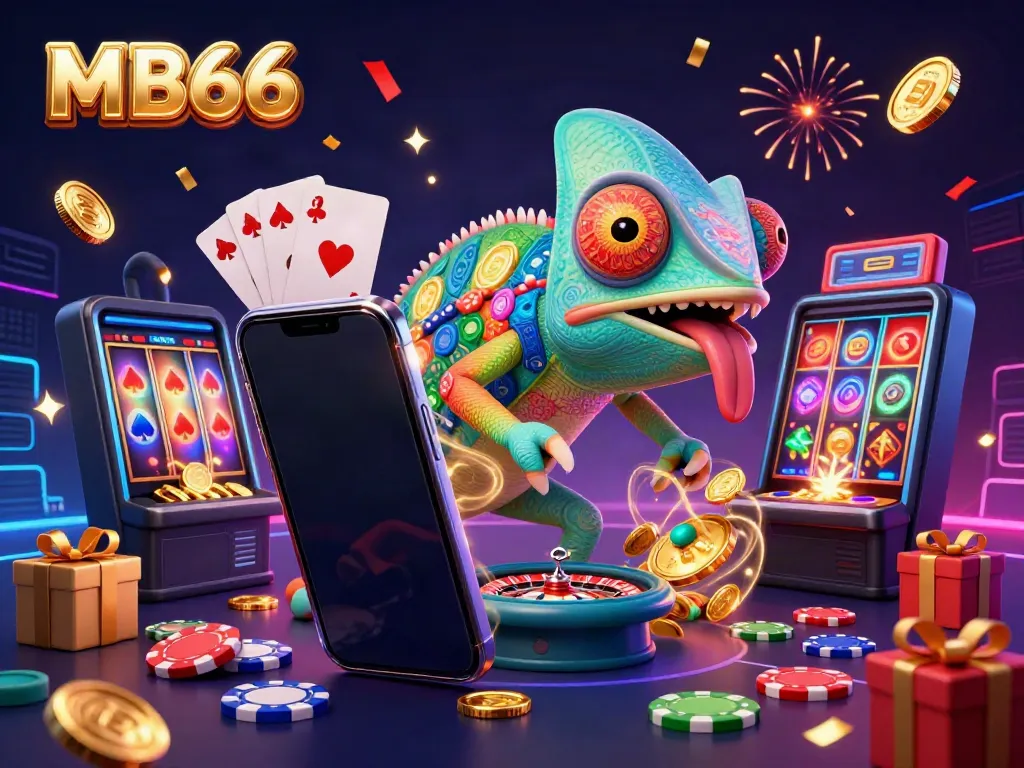 Engage with MB66 as the colorful casino chameleon captures golden coins, surrounded by game elements.