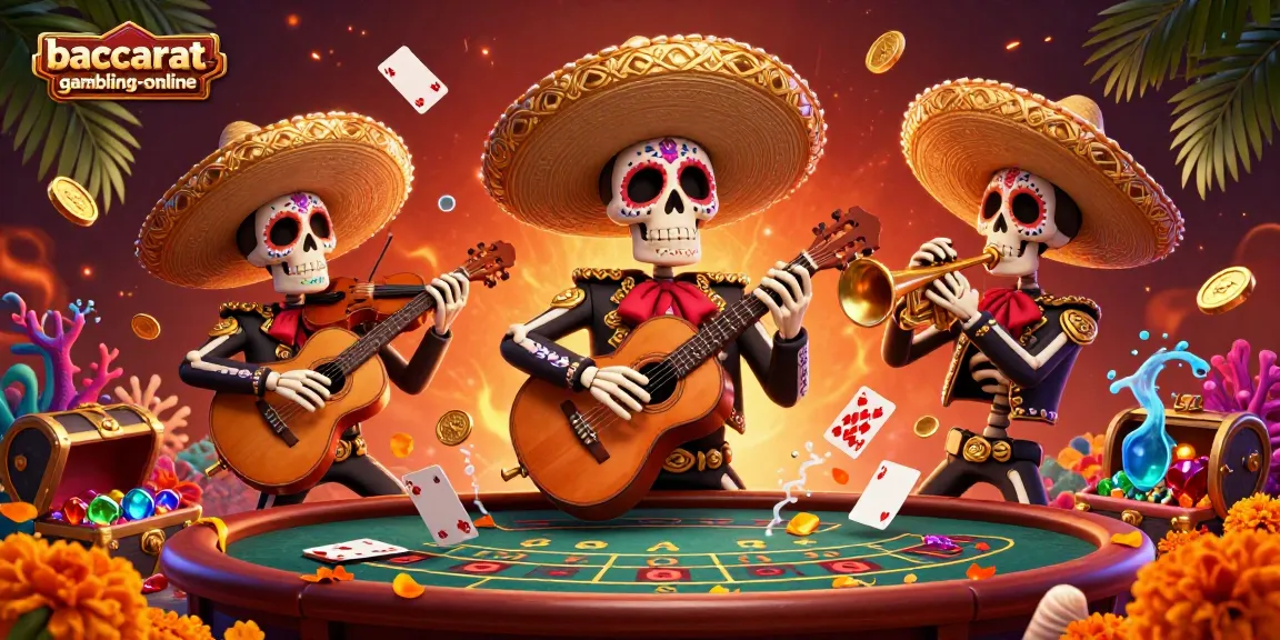 baccarat-gambling-online scene with mariachi skeleton band at a baccarat table, dynamic gaming atmosphere.