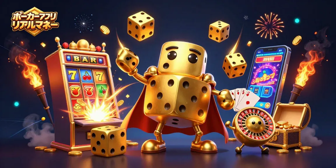 ポーカーアプリ リアルマネーで楽しむ金色のサイコロゴーレムのゲームシーン。