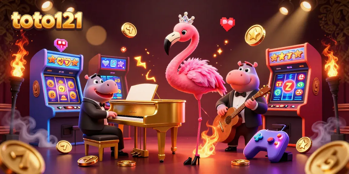 Engage with toto121's vibrant 3D casino scene featuring a flamingo singer and hippo bassist.