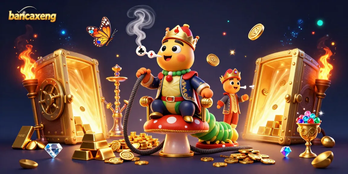 bancaxeng game scene showcasing a colorful fishing shooting adventure with an enormous caterpillar character.