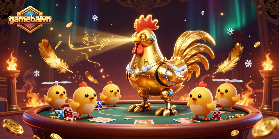 gamebaivn showcases a dynamic poker scene featuring a golden rooster robot and baby chick drones amidst betting chips and coins