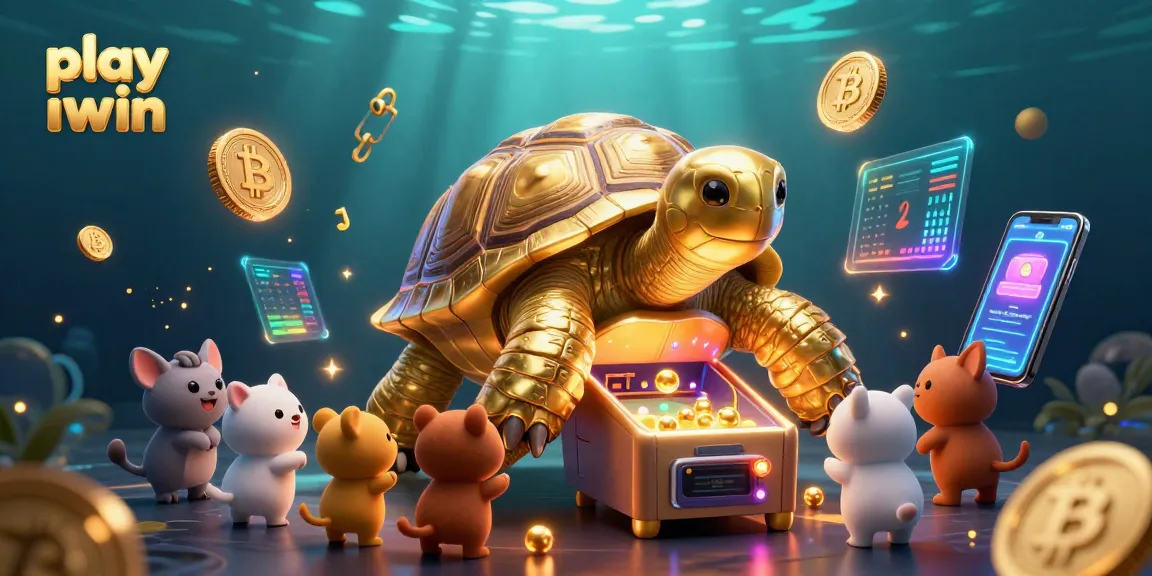 Play iwin in a vibrant 3D casino scene with a giant tortoise pinball and crypto elements.
