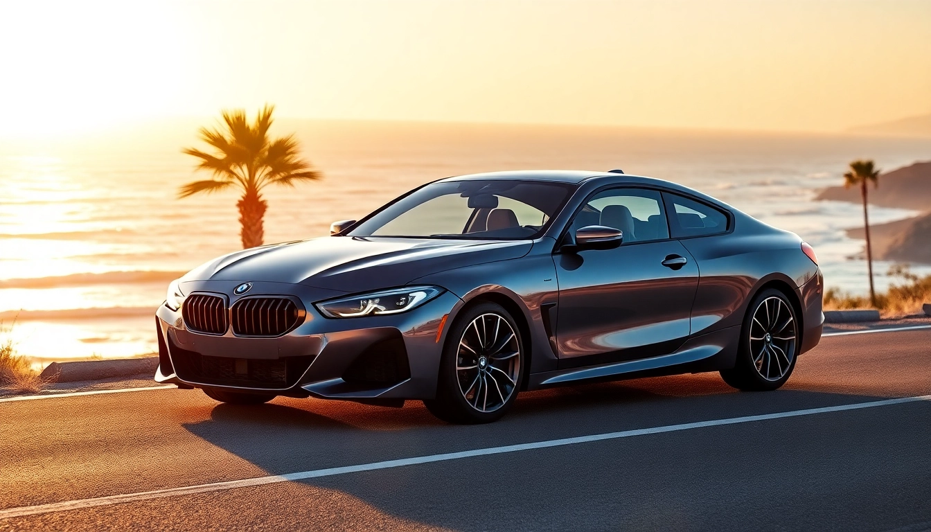 Luxury BMW car parked against a sunset backdrop highlighting its elegance and design.