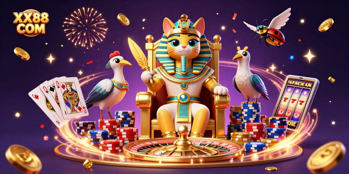 Experience thrills with XX88 COM as a pharaoh cat rules the casino realm in a vibrant 3D scene.