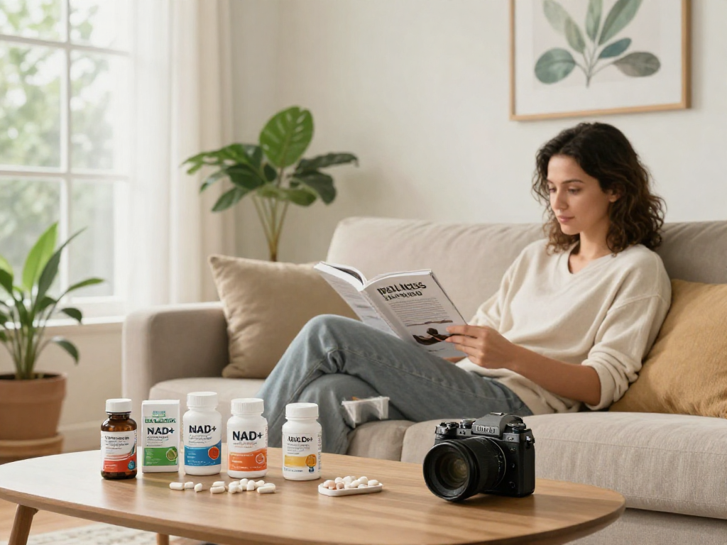 NAD+ benefits with buccal strips showcased in a relaxing home environment promoting wellness.