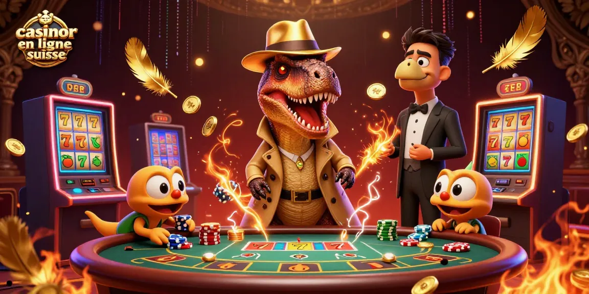 Image montrant le meilleur casino en ligne suisse avec un vélociraptor comptant les cartes au blackjack tandis qu'un pit boss stégosaure surveille, enrichi de jetons d'or.