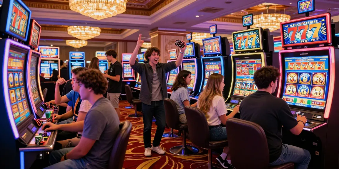 Exciting gaming floor scene with diverse players at 777 slot machines.