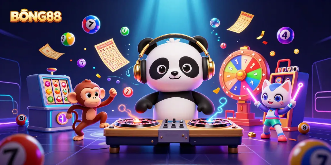 BONG88's vibrant 3D casino scene showcases a DJ panda, dancing monkey, and rave kitten amid dynamic gaming elements.