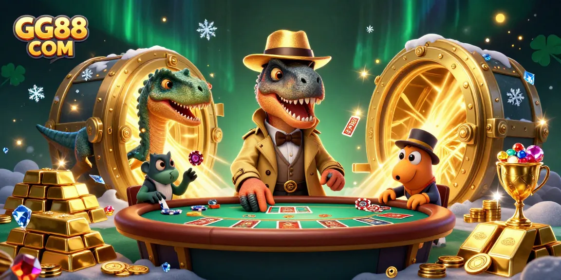 Experience fun betting with GG88 COM at a dynamic casino scene featuring cartoon dinosaurs