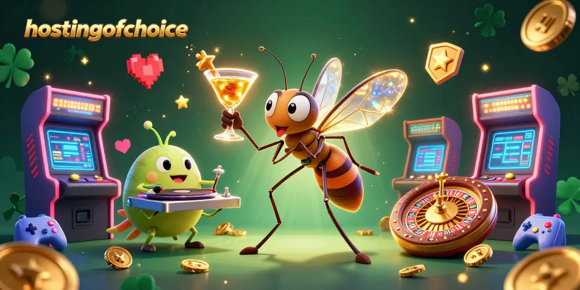Engage with hostingofchoice in a vibrant casino scene featuring a golden roulette wheel and animated game elements.