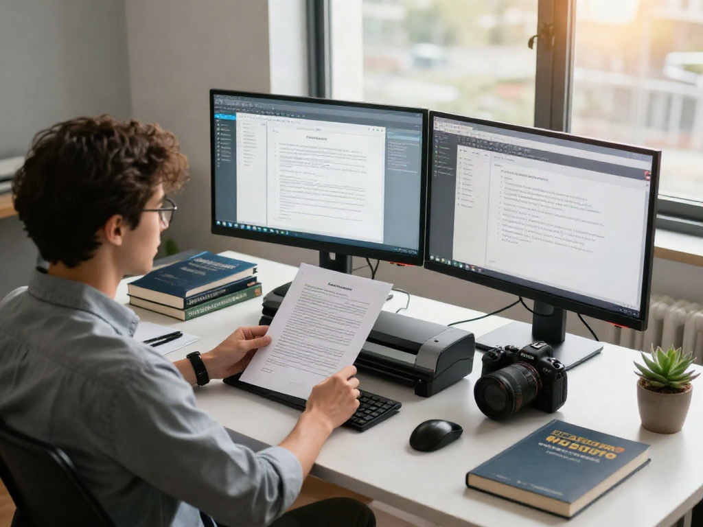 Document fraud detection analyst reviewing digital documents in a modern workspace to ensure authenticity and accuracy.