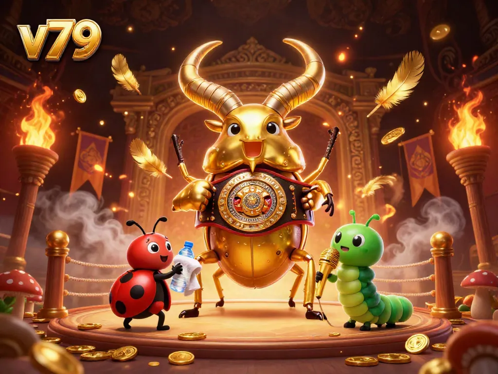 v79 casino scene featuring a golden stag beetle boxing champion and ladybug corner-man