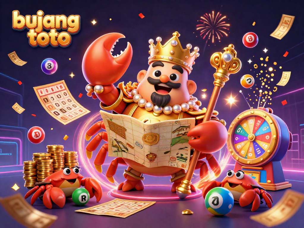 Engage with bujang toto's exciting lottery theme featuring a golden crab emperor in a vibrant casino scene.