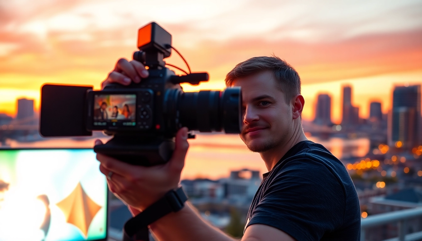 Edmonton videographer professionally capturing urban landscapes during sunset.
