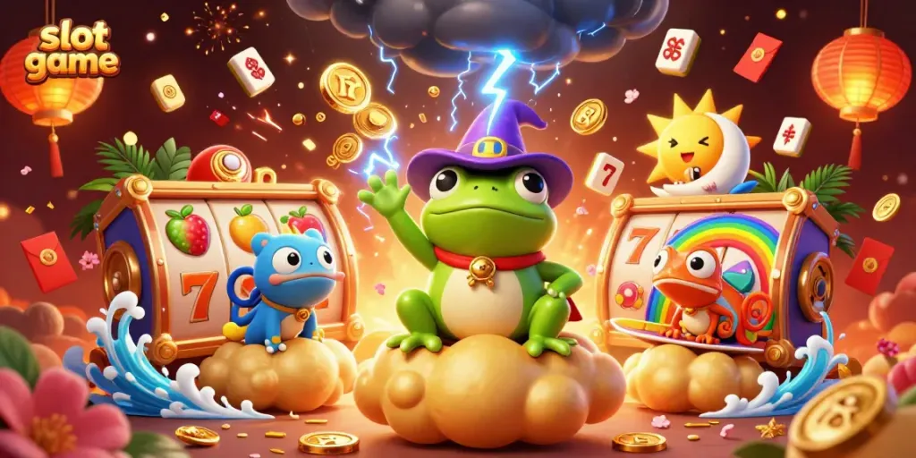 Experience exciting slot game action with vibrant characters and dynamic elements in a 3D illustration.