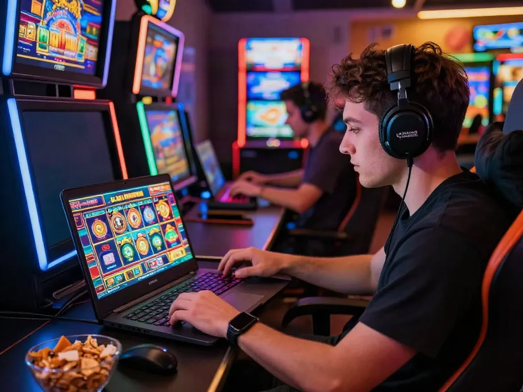 Gamer engaged with situs gacor gameplay on a laptop in a vibrant online gaming setup.