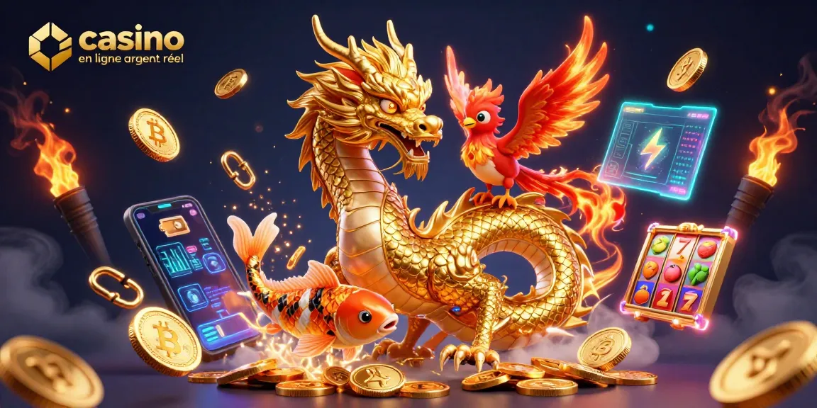Des personnages fantastiques dans un casino en ligne argent réel, dragon, phoenix, et poissons chanceux.