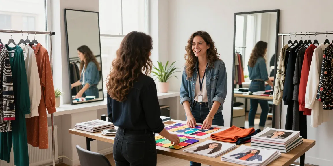Consulenza d'immagine Milano: consulente e cliente in un vivace studio di moda, circondati da tessuti e abiti.