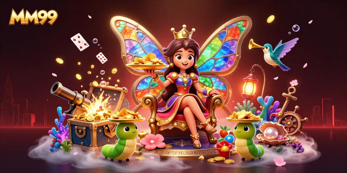 Spin the reels with MM99 and win; a vibrant 3D scene of casino treasures and excitement.