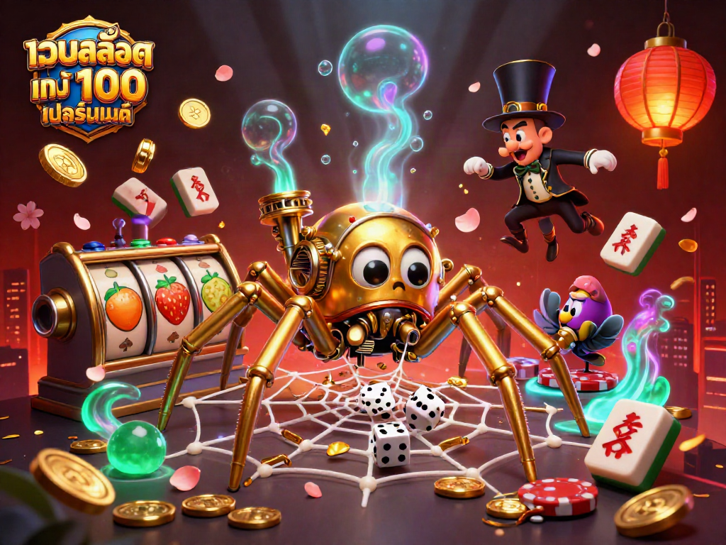 Experience เว็บสล็อต แท้ 100 เปอร์เซ็นต์ with a dynamic scene of a steampunk spider capturing dice, adorned with casino elements.