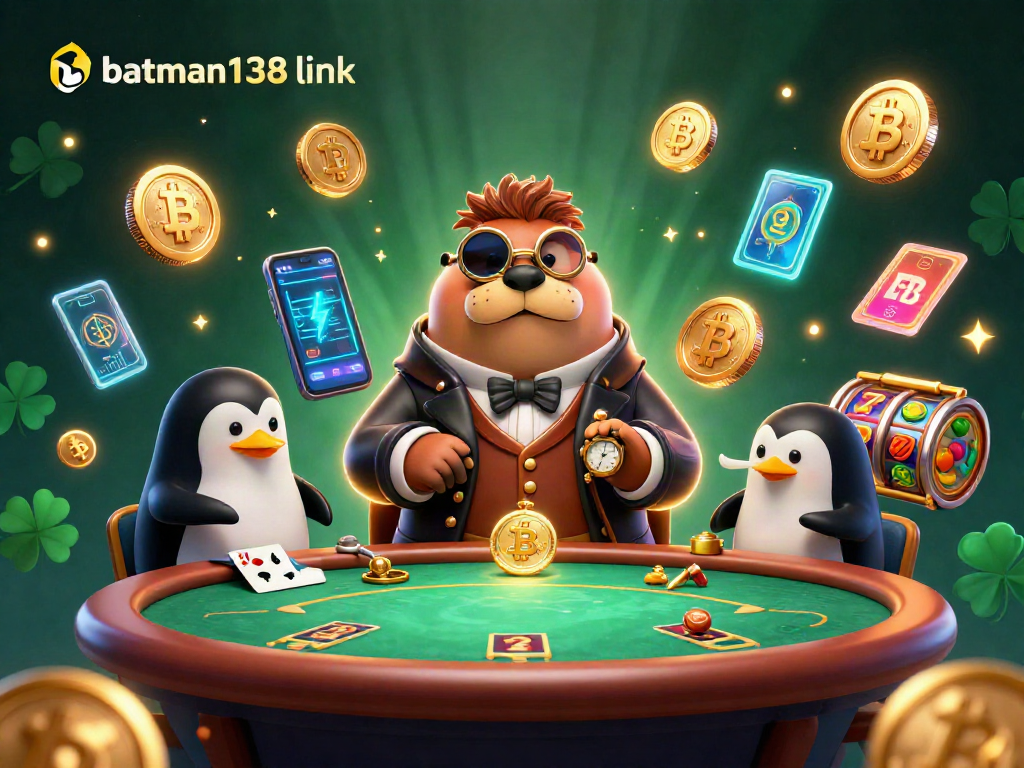 Play in winning style with batman138 link amidst a vibrant casino scene of critters and crypto elements.