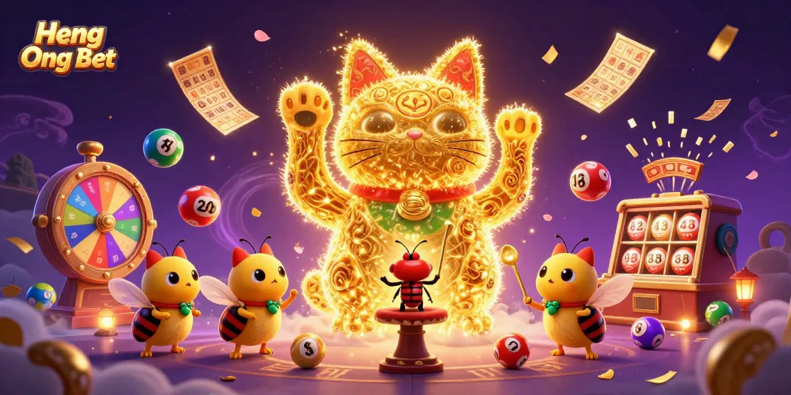 Experience exciting wins at Heng Ong Bet with a vibrant illustration of casino-themed characters and elements.