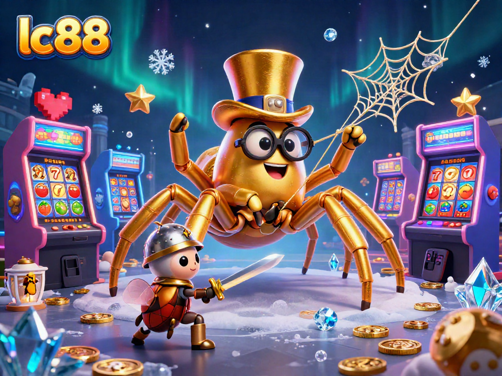 Join the lc88 gaming adventure with a golden tarantula and beetle knight amidst vivid casino elements.