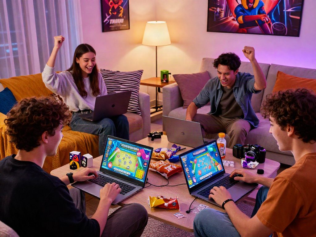 Excited gamers enjoying MAHJONGJP88 dengan deposit QRIS in a cozy setting.
