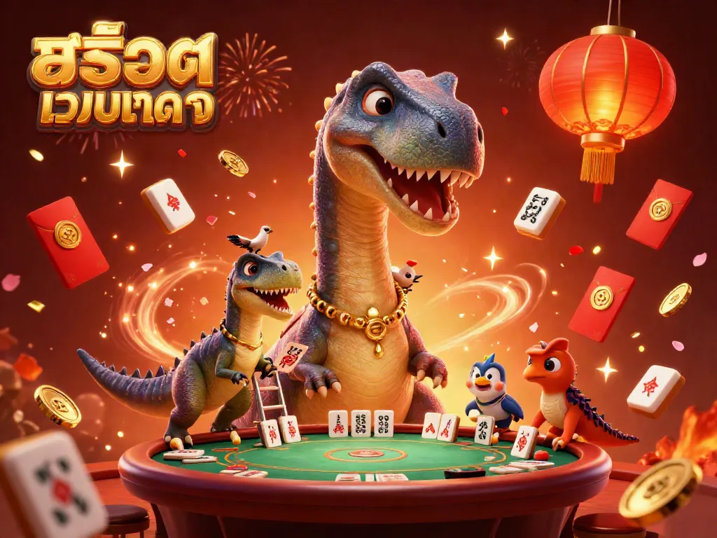 Engage with สล็อตเว็บตรงทั้งหมด through vibrant casino-themed 3D cartoon illustration featuring dinosaurs and festive elements.
