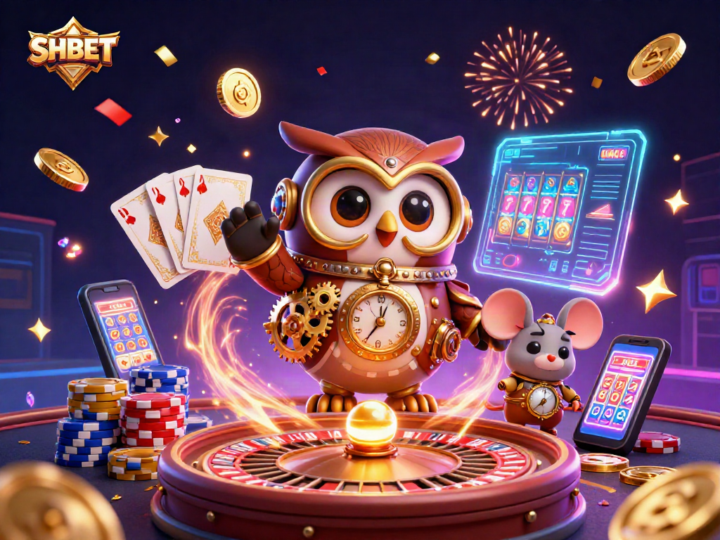 Experience SHBET winning strategies with a vibrant, dynamic casino illustration showcasing steampunk characters and game elements.