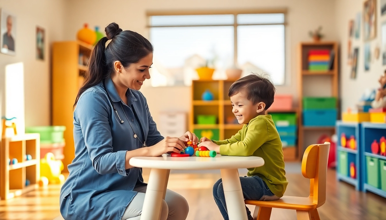 Engaging session of ABA therapy in Livonia with a child and therapist in a colorful clinic.