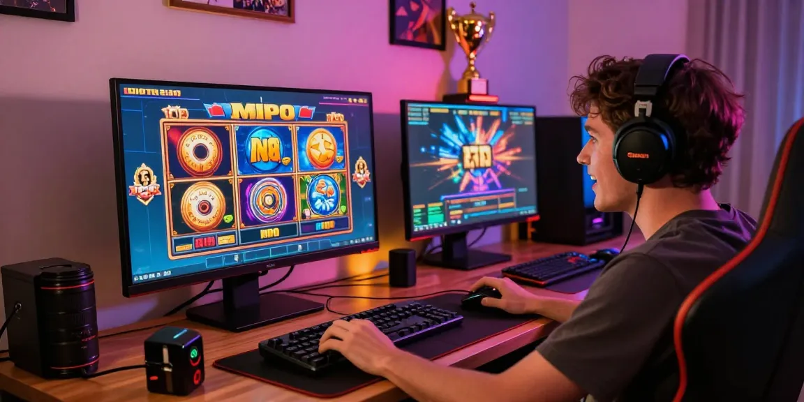 Engaged player enjoying a slot mpo game session at home with vibrant graphics and accessories.