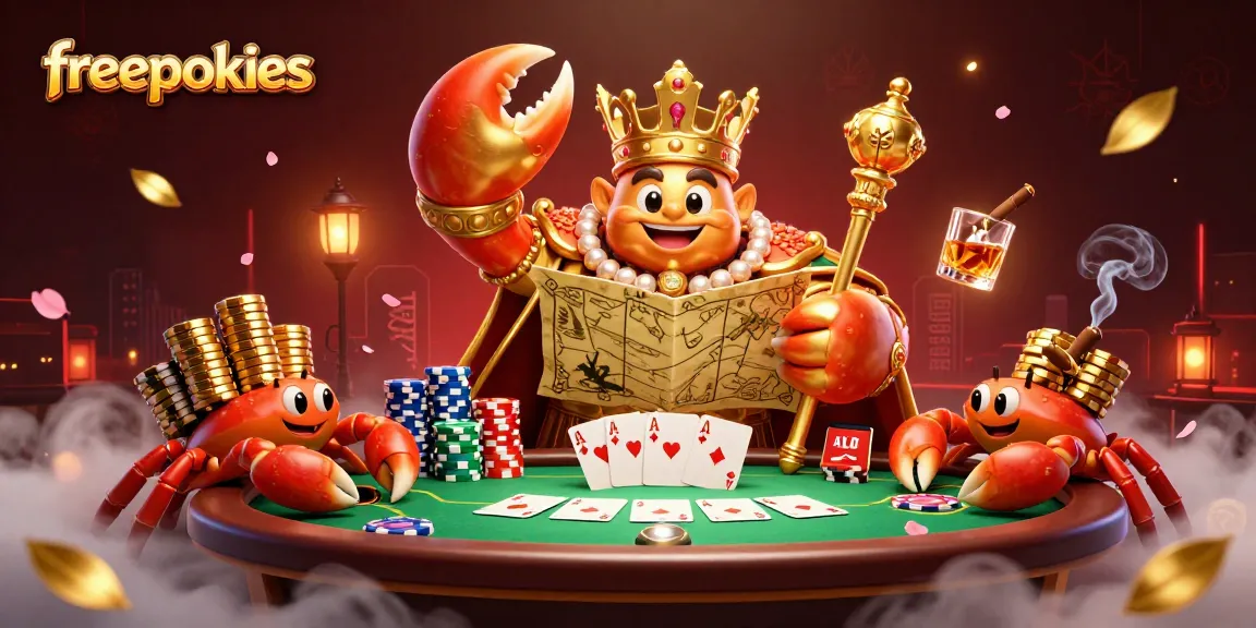 Engage with freepokies gameplay alongside a regal crab emperor and treasure map