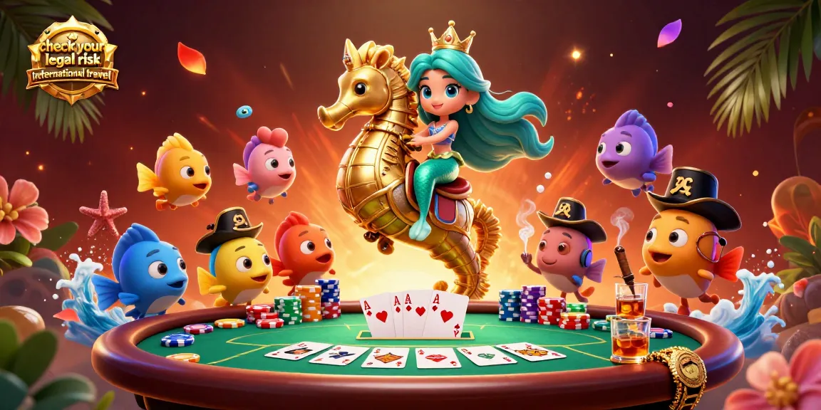 Check your legal risk before international travel while enjoying poker fun with vibrant characters and elements.