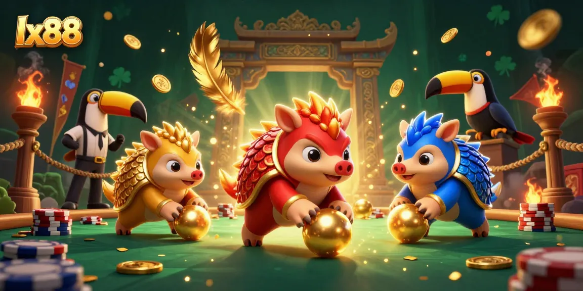 Compete and win with lx88, illustrated pangolins bowling poker chips in a vibrant casino scene.